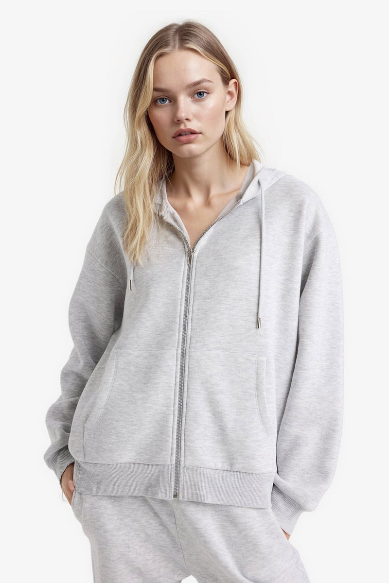 DeFacto Grey Woman Relax Fit Basic Thick Fabric Zip-Up Hoodie Casual - Image 3